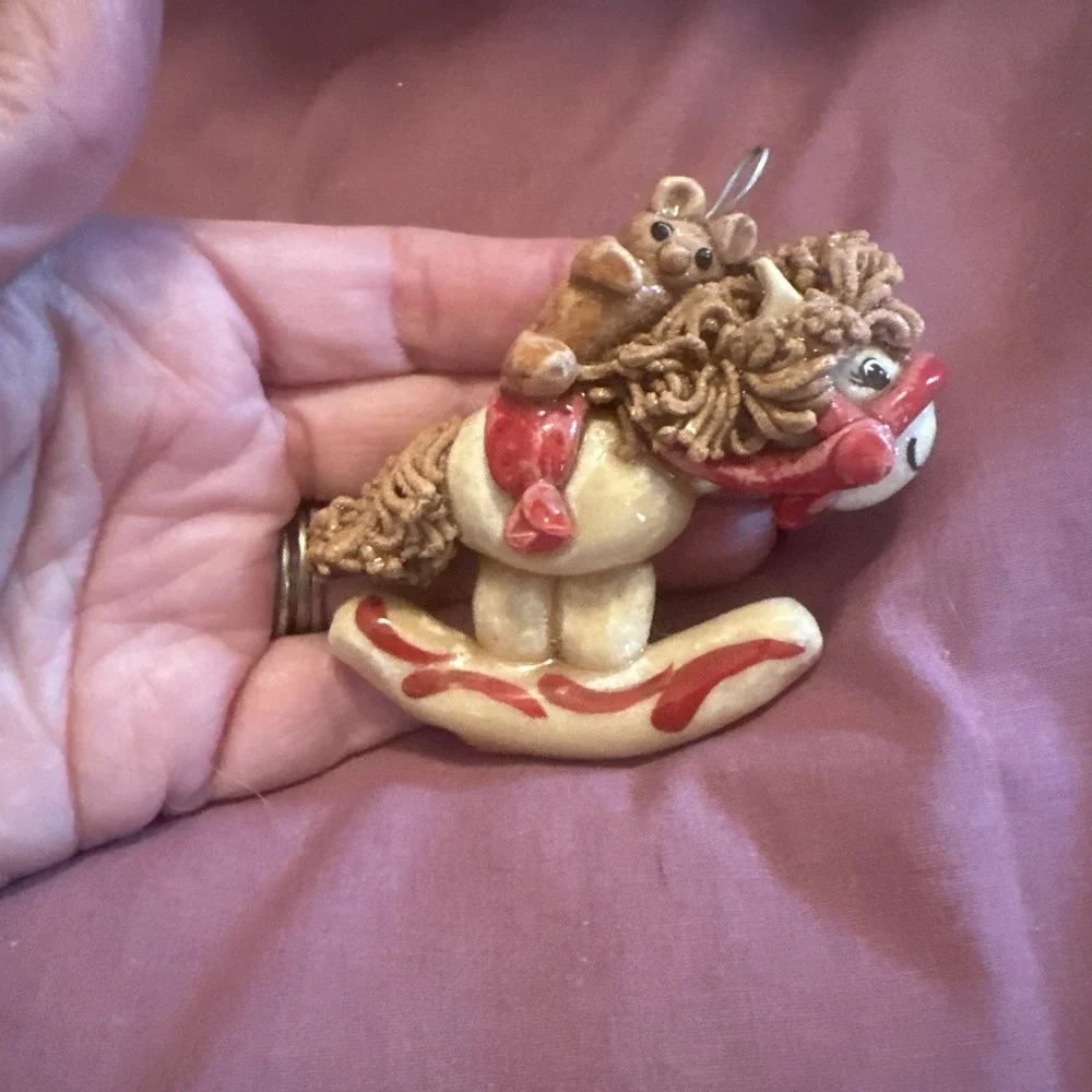 4 Vtg Salt Dough Polymer Christmas Ornaments Santa Goose Unicorn Rocking Horse